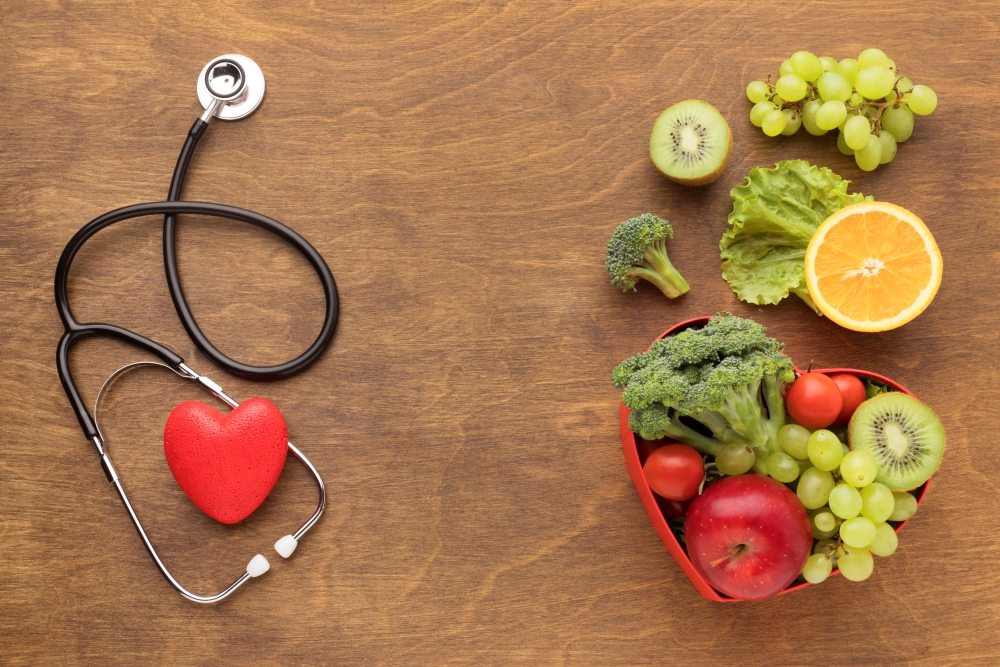 a doctor equipment along with healthy fruits and vegetables